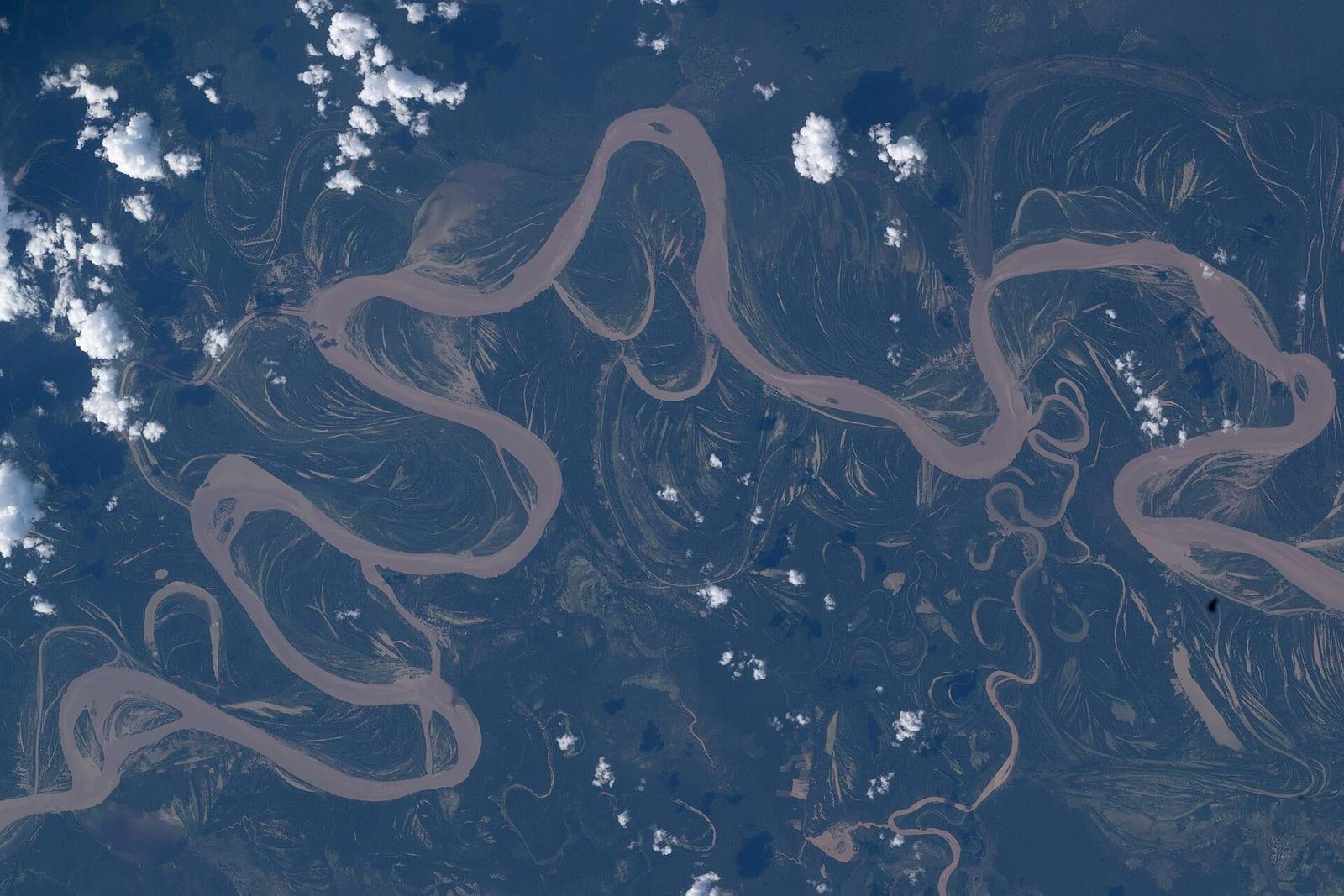 Aerial view of meandering Amazon river channels.
